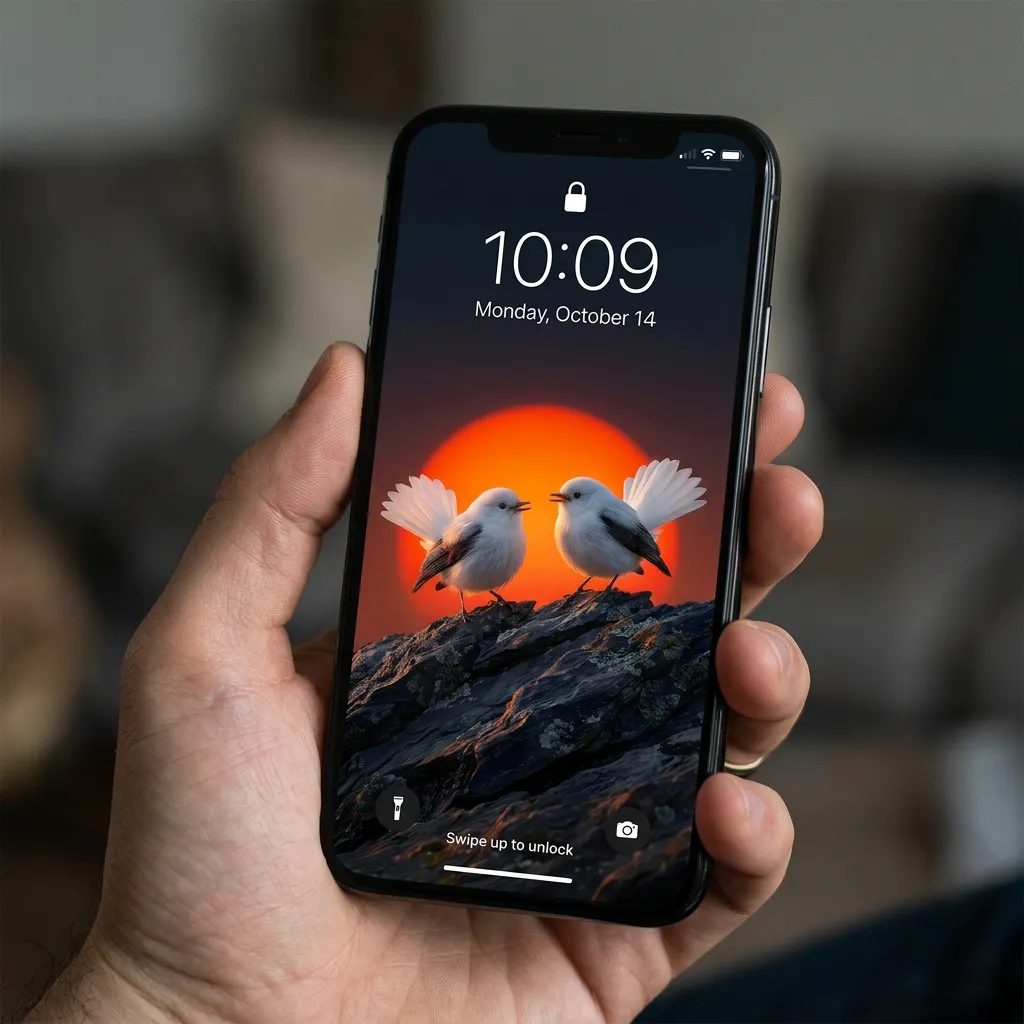 Two white birds iPhone wallpaper with sunset glow mockup one