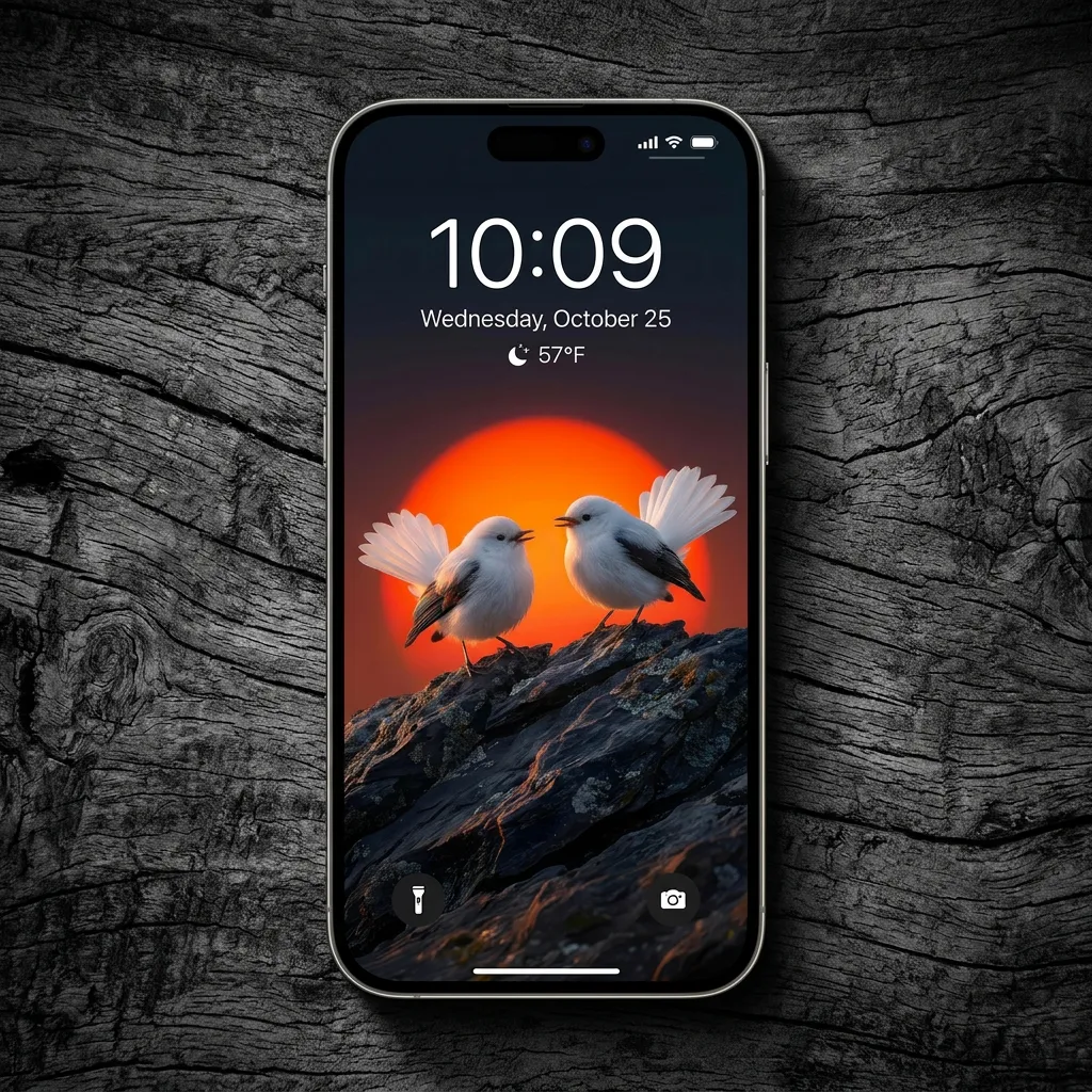 Two white birds iPhone wallpaper with sunset glow mockup two