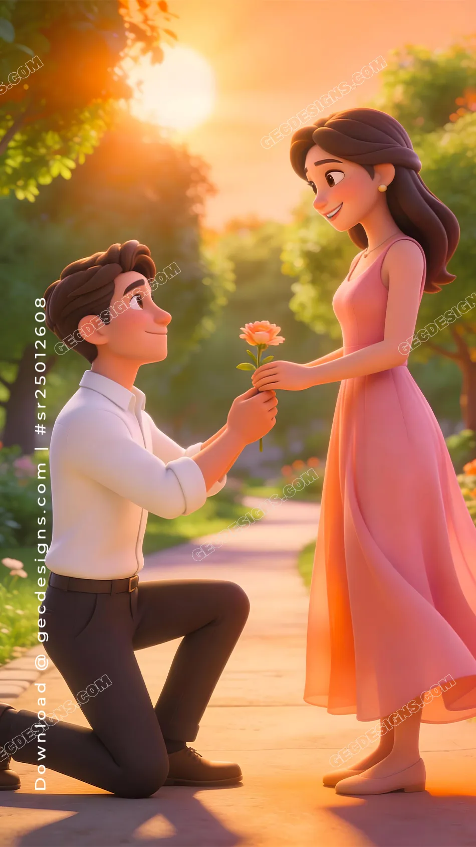 Valentine’s Day Image Showing Romantic Proposal with Cute Cartoon Couple in Garden