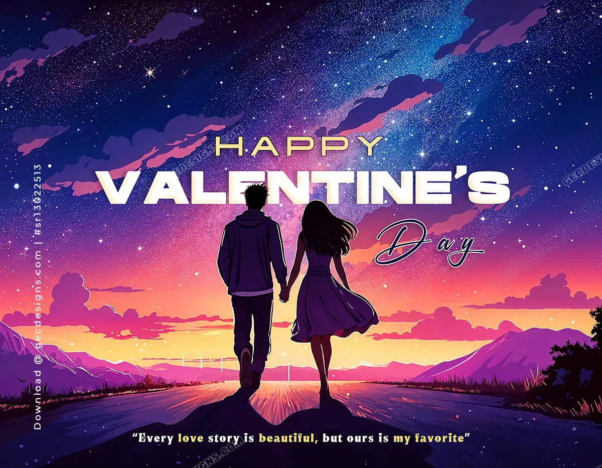 Valentine’s Day wishes with the couple at a beautiful sunset twilight sky vector illustration