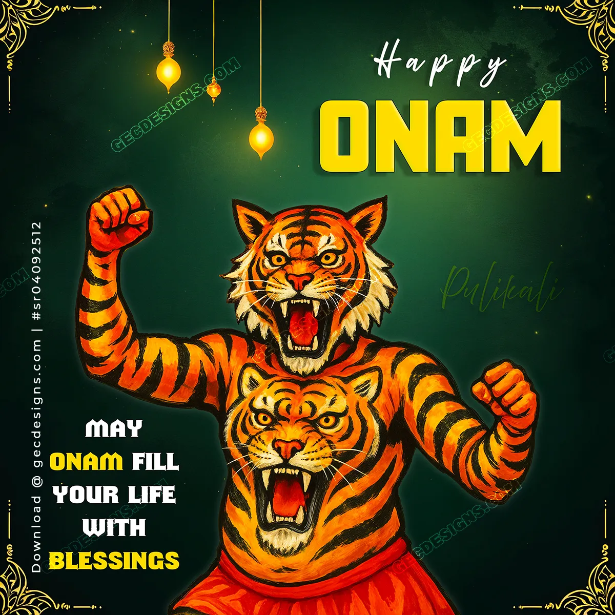 Vibrant Pulikali Dance, Happy Onam 2025 Wishes Image with Festival Blessings