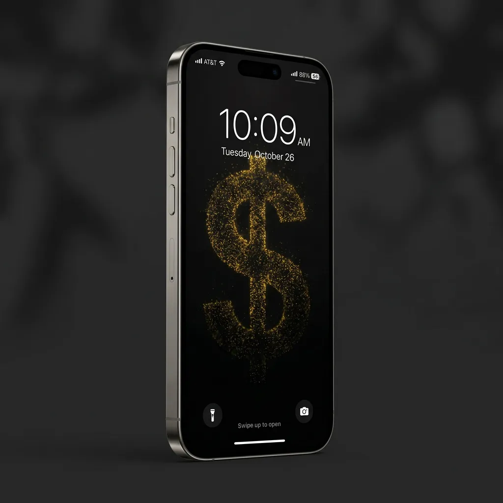 Wealth iPhone wallpaper with glowing gold dollar symbol and luxury dark theme mockup two