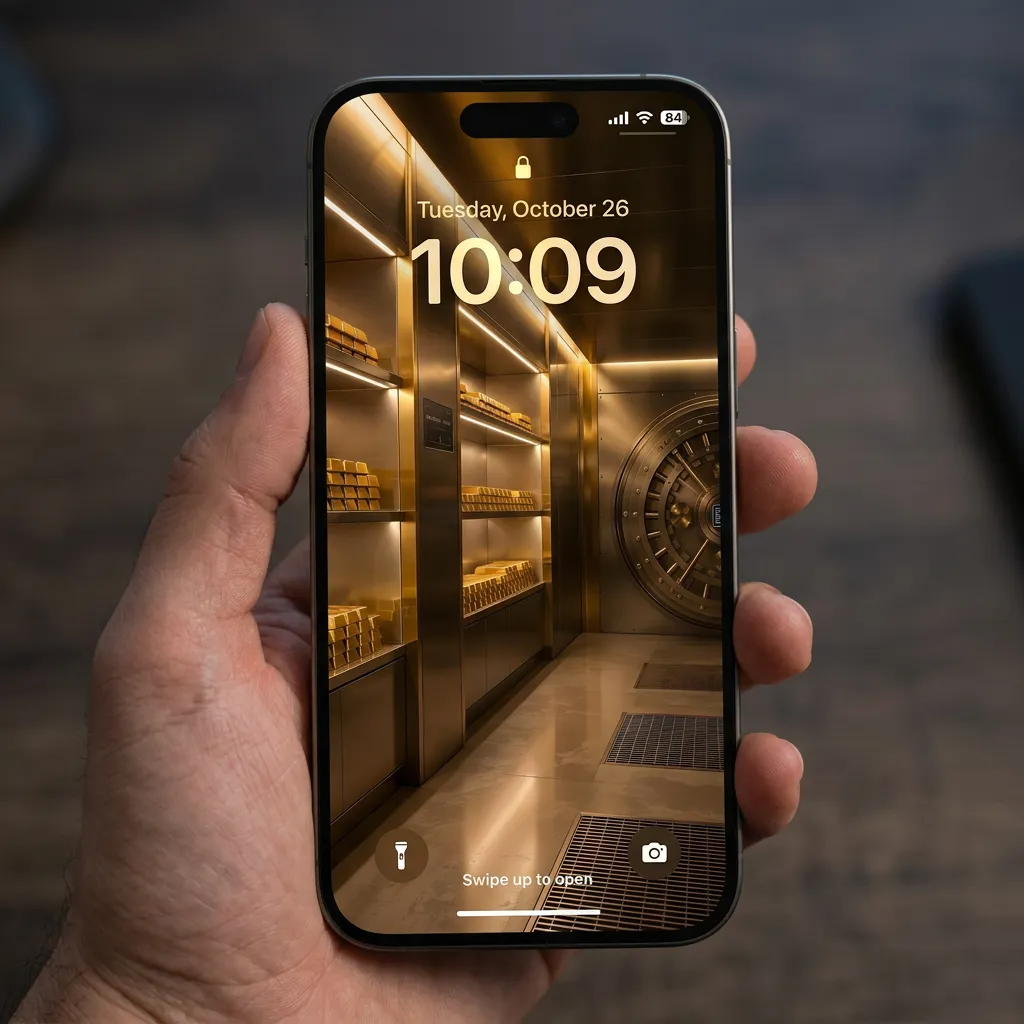 Wealth iPhone wallpaper with luxury gold vault room and premium storage design mockup one