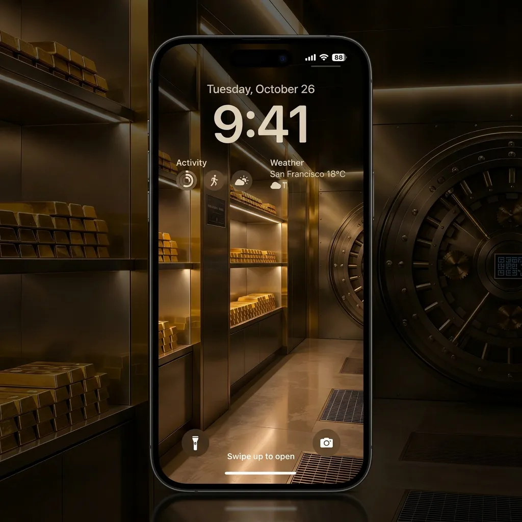 Wealth iPhone wallpaper with luxury gold vault room and premium storage design mockup two