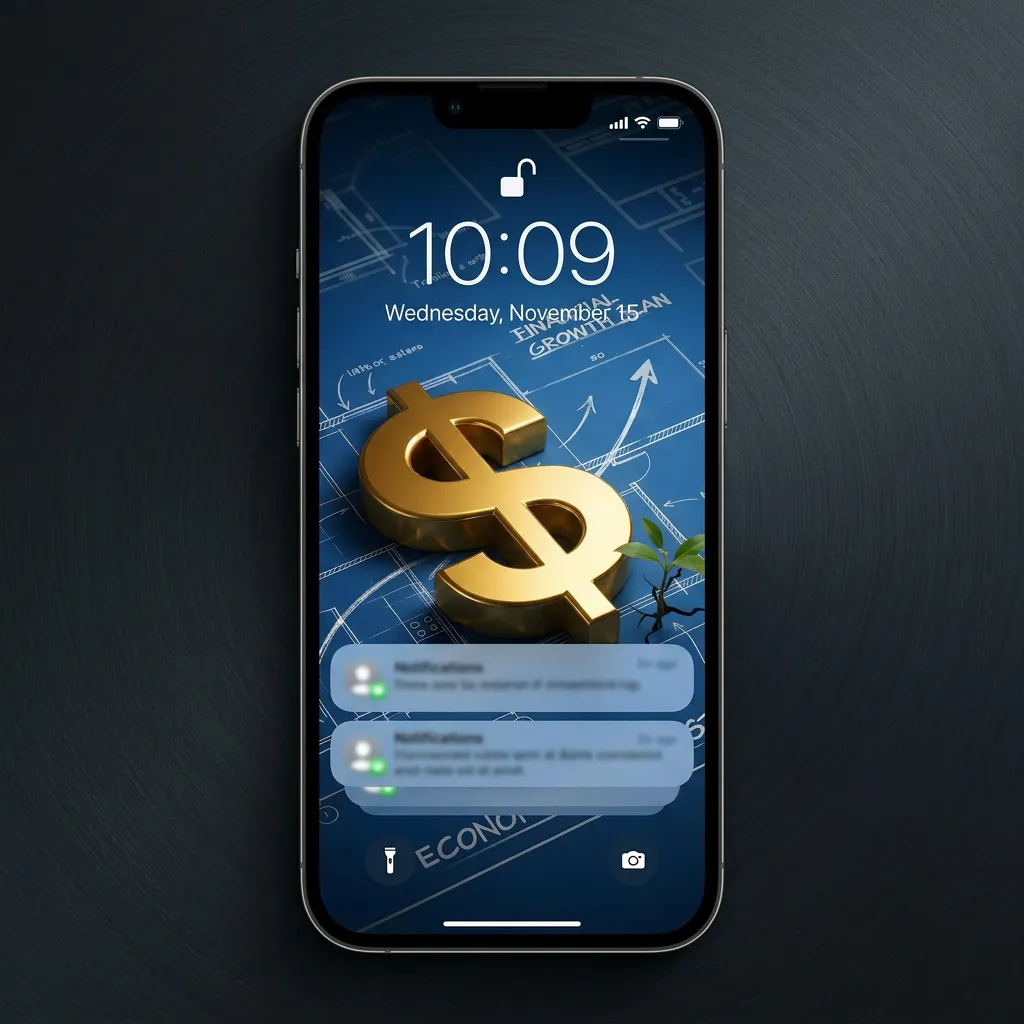 Wealth mindset iPhone wallpaper with gold dollar symbol and financial growth plan design mockup two