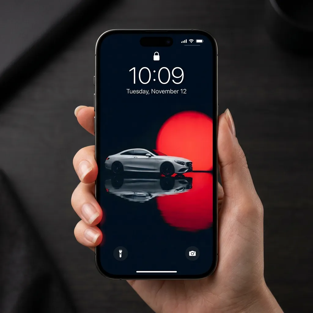 White luxury car iPhone wallpaper with red sunset glow mockup two