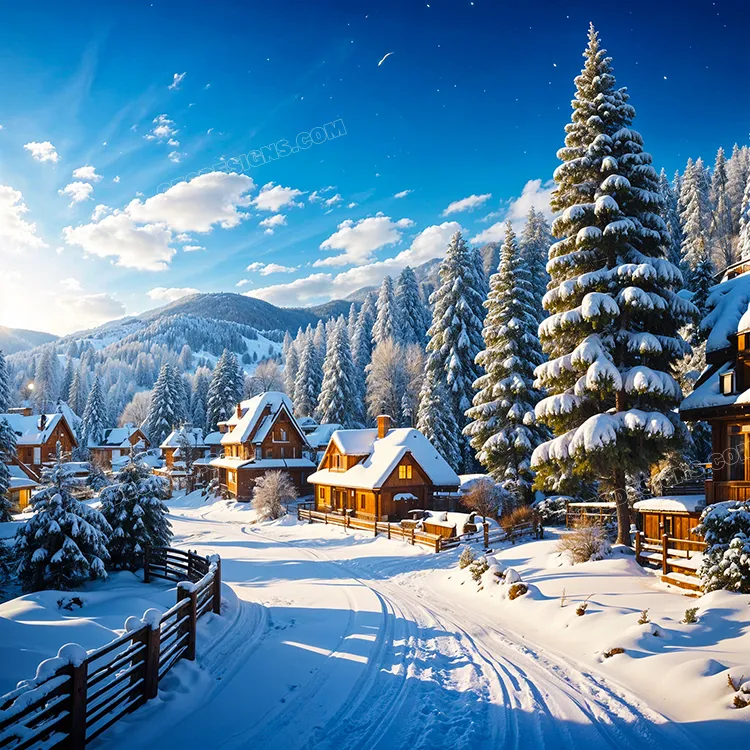 Winter landscape AI Generated wallpaper, Rural Christmas village with Snowy mountains and Snow-laden pine trees