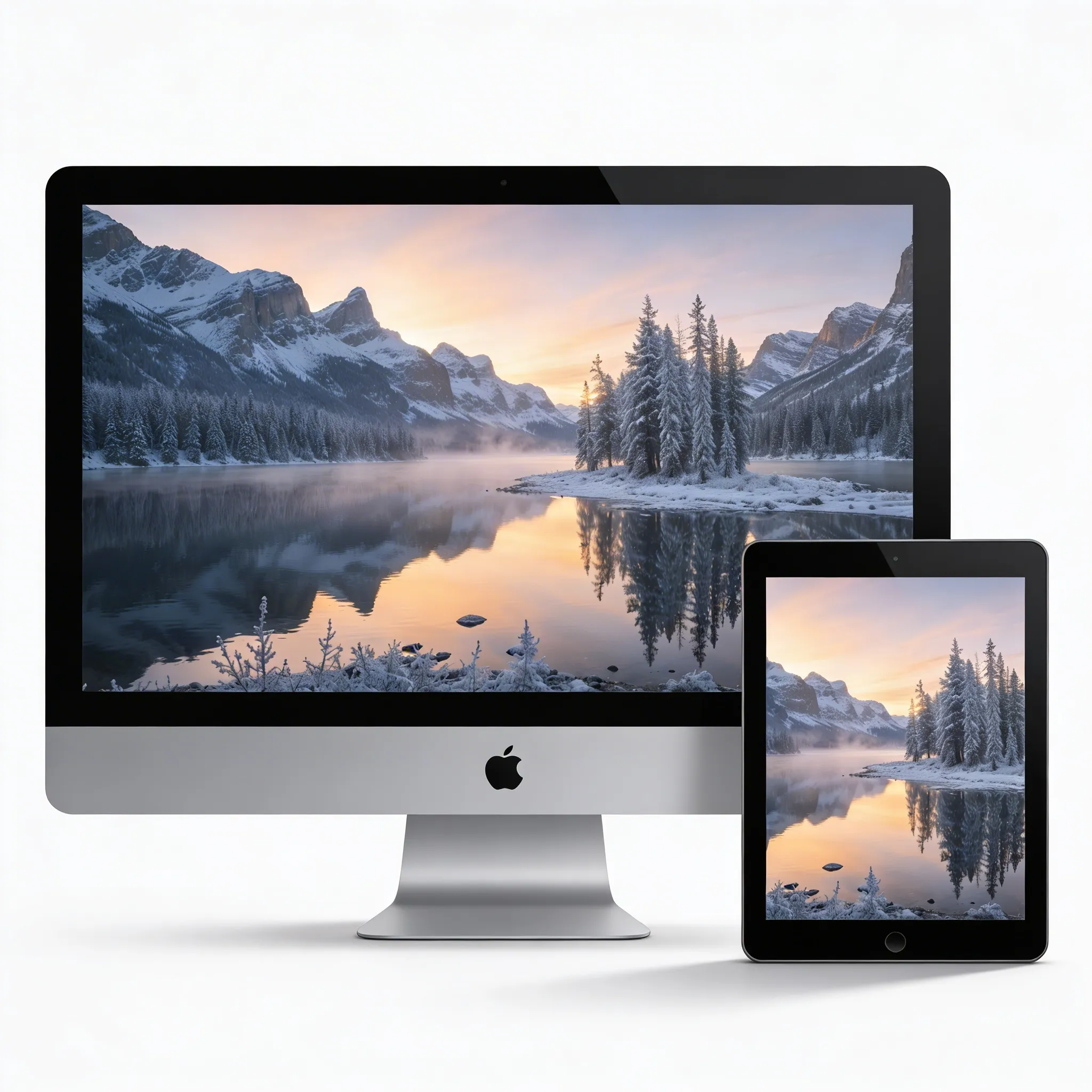 Winter Mountain Lake Desktop Wallpaper With Snowy Pines And Soft Sunrise Reflection Sr24022612 Mockup One