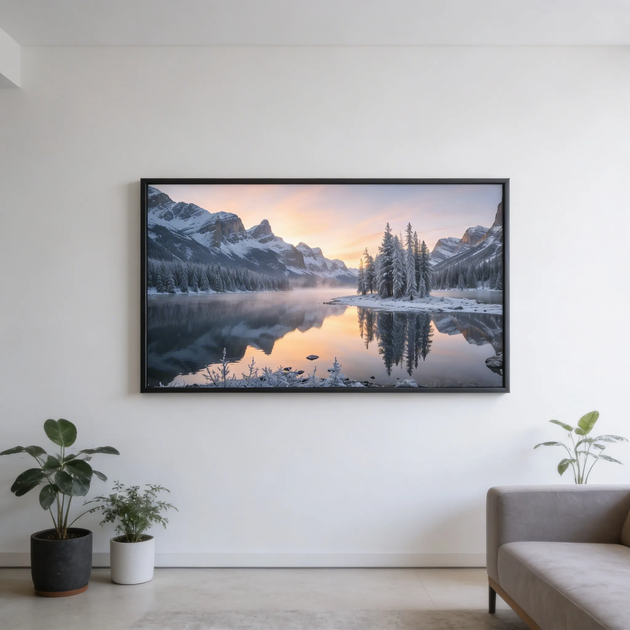 Winter Mountain Lake Desktop Wallpaper With Snowy Pines And Soft Sunrise Reflection Sr24022612 Mockup Two