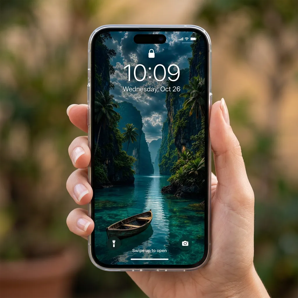Wooden boat in a tropical lagoon iPhone wallpaper with green cliffs mockup one