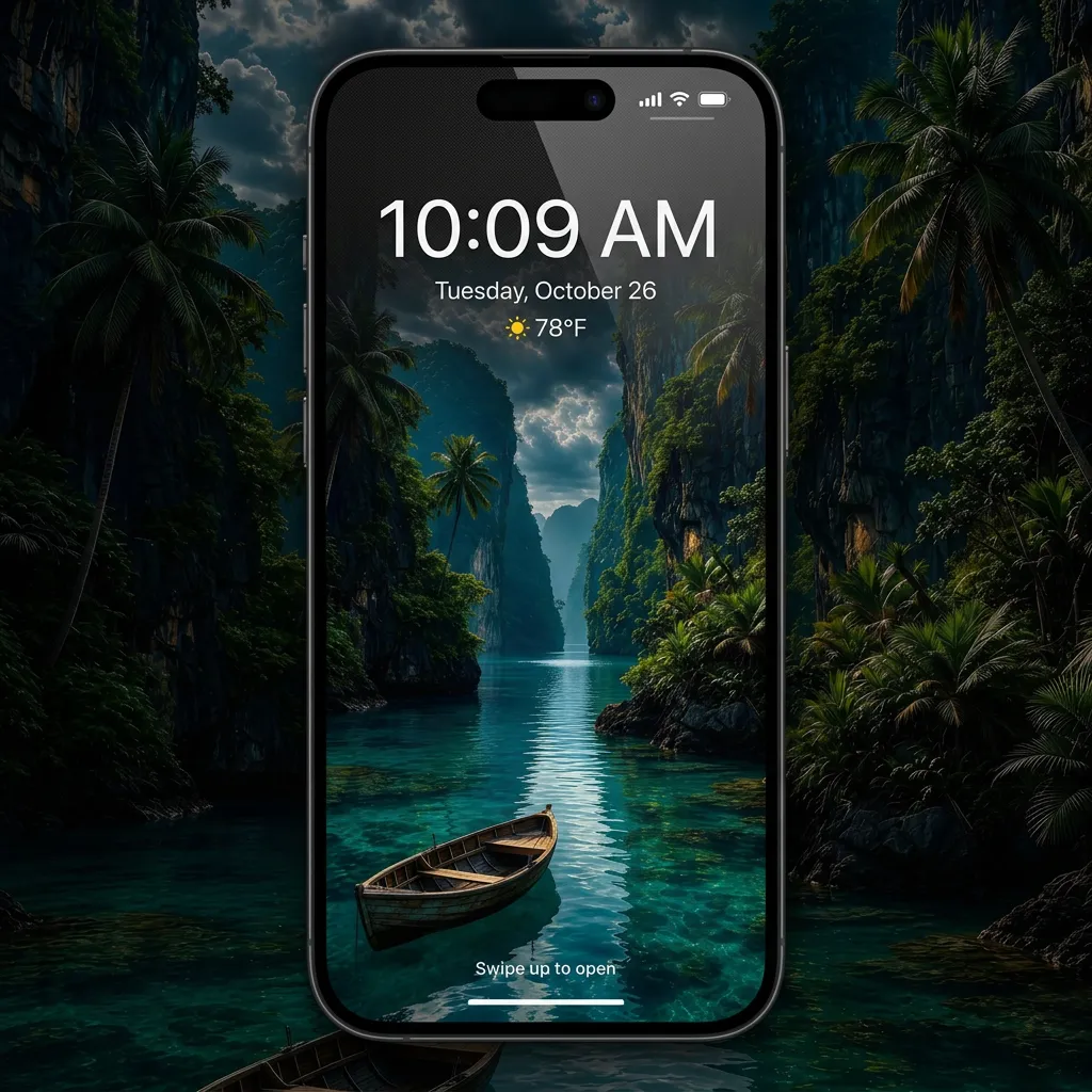 Wooden boat in a tropical lagoon iPhone wallpaper with green cliffs mockup two