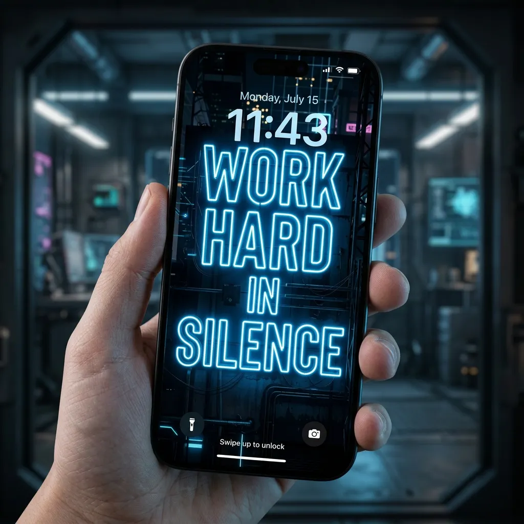 Work hard in silence iPhone wallpaper with neon text and dark cyberpunk city aesthetic mockup one