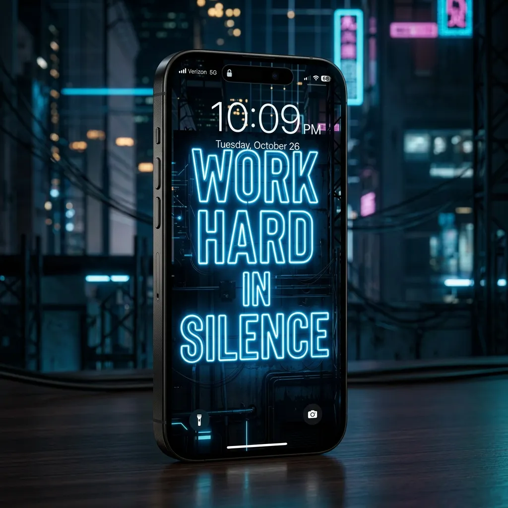 Work hard in silence iPhone wallpaper with neon text and dark cyberpunk city aesthetic
