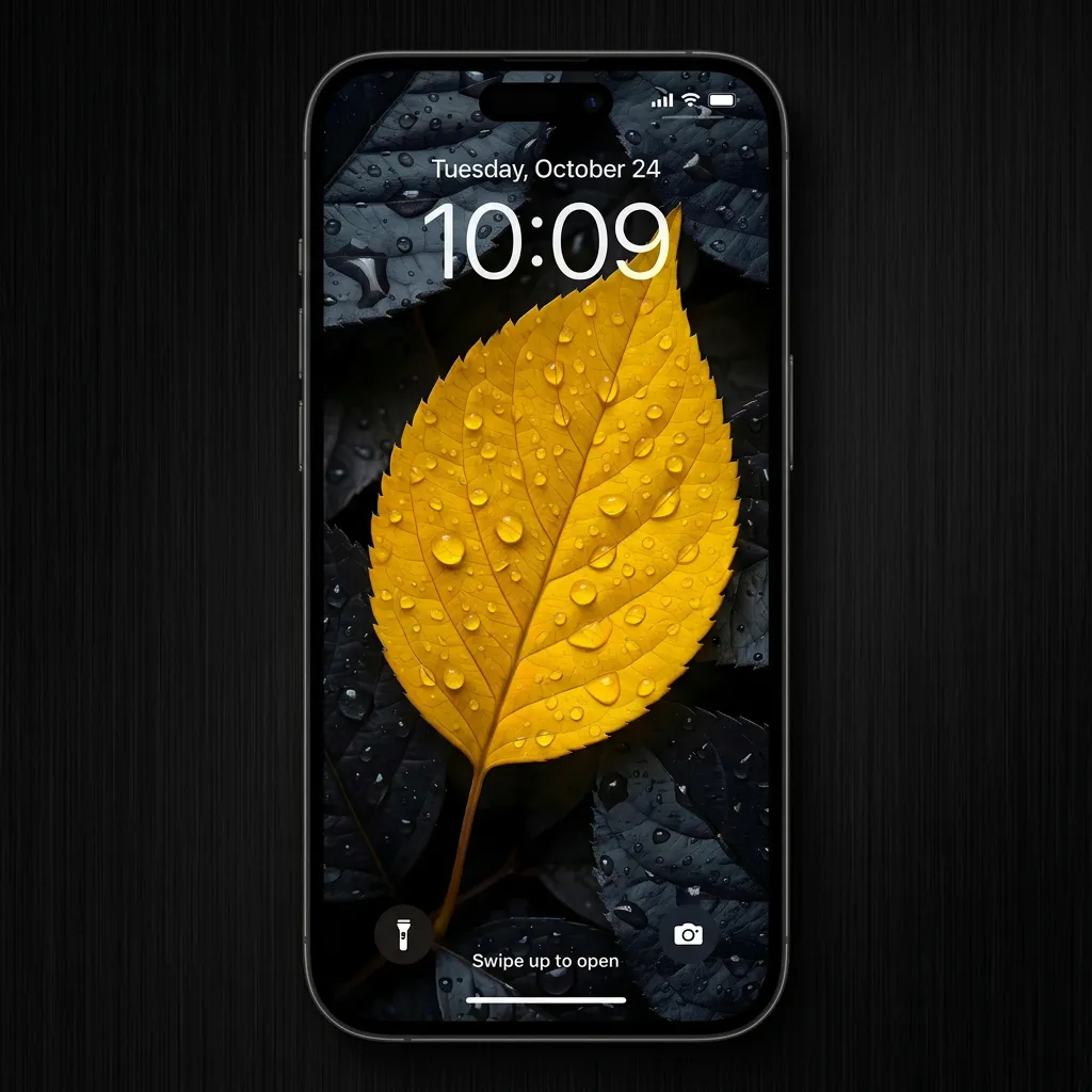 Yellow leaf iPhone wallpaper with rain drops mockup one