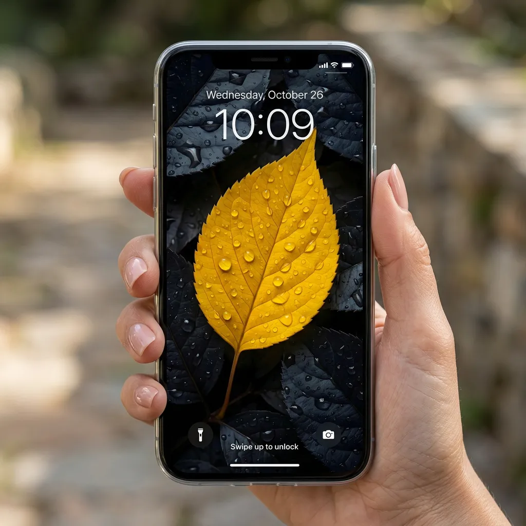 Yellow leaf iPhone wallpaper with rain drops mockup two