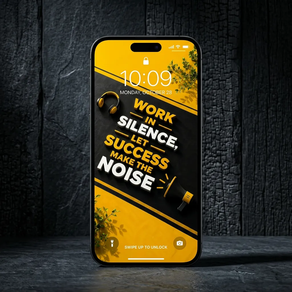 Yellow success mindset iPhone wallpaper with work in silence quote