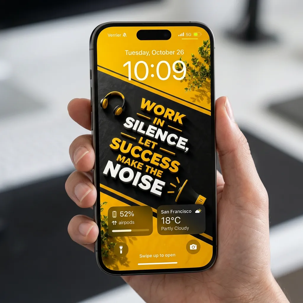 Yellow success mindset iPhone wallpaper with work in silence quote mockup two