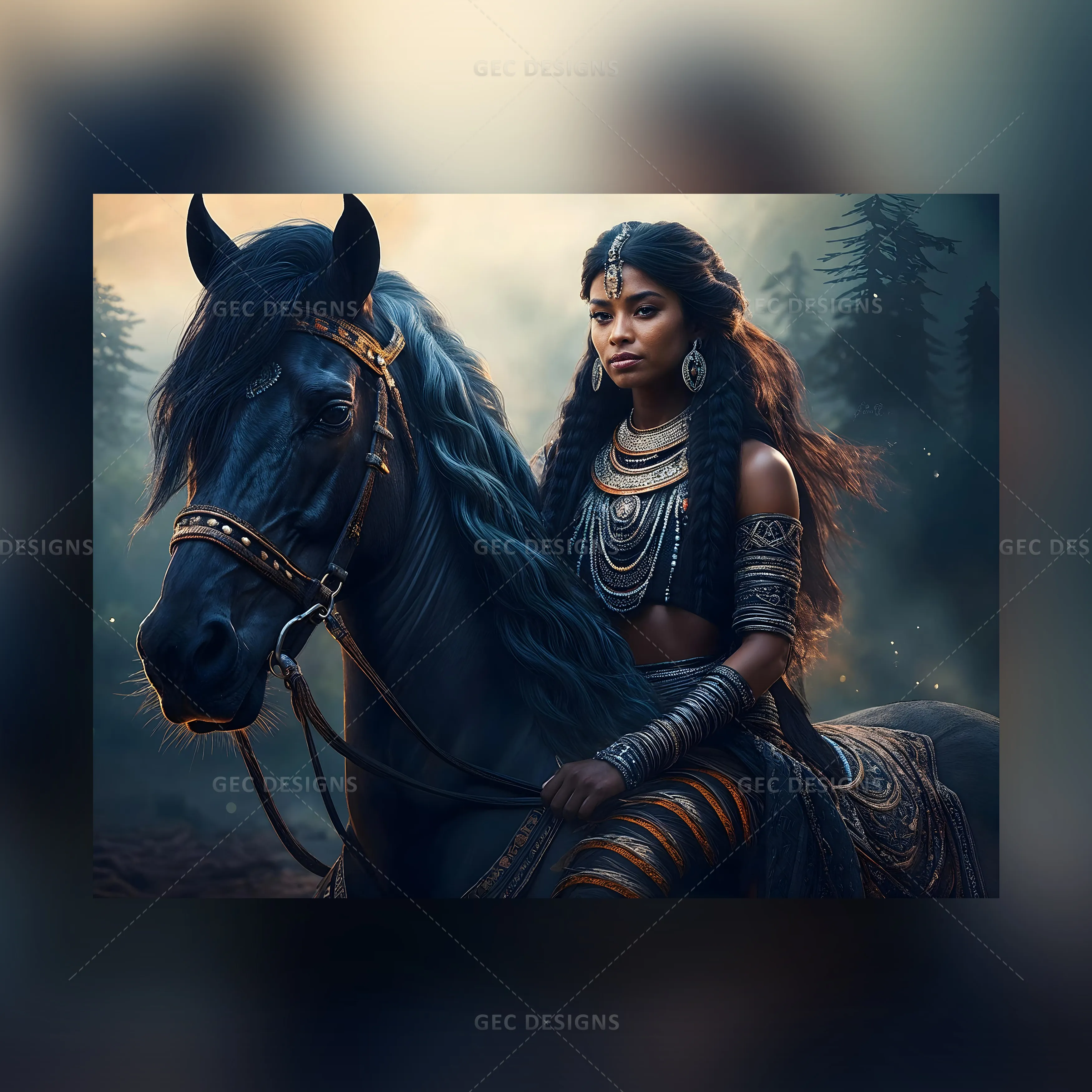 Young Native American Red Indian woman riding black horse AI Generated ...