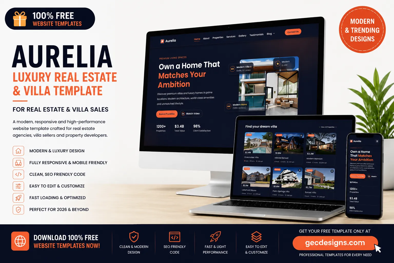 Aurelia free luxury real estate and villa sales Bootstrap 5 HTML website template mockup