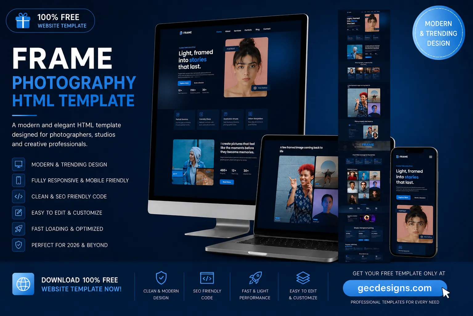 Frame free photography portfolio Bootstrap 5 HTML website template mockup